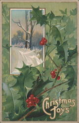 Christmas Joys Holly & Snowy Winter Landscape Postcard