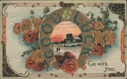 Good Luck Horseshoe with Winter Church Scene and Flowers Postcard