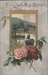 A Merry Christmas Harbor Scene with Roses, Brattleboro VT 1909 Postcard