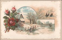 Winter Scene with Snow, House, Birds, and Red Roses Postcard