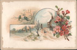 Winter Scene with House, Birds, and Pink Blossoms Greeting Postcard