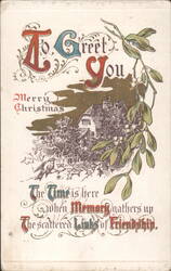 Merry Christmas Greeting with Mistletoe and Winter House Postcard