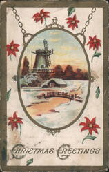Christmas Greetings Windmill Winter Scene with Poinsettias Postcard