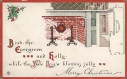 Christmas Fireplace with Yule Log, Holly, and Festive Greeting Postcard