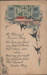 Easter Greeting Poem with Window Scene, Birds, and Flowers Postcard