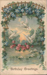 Birthday Greetings with Doves, Roses, and Forget-Me-Nots Postcard