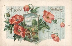 A Joyful Birthday Poppies and Landscape Vignette Postcard