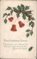 Christmas Bells and Holly with Berries, "Best Christmas Wishes" Postcard