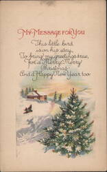 Merry Christmas and Happy New Year Greeting with Snowy Cabin and Tree Postcard
