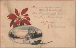 Merry Christmas Poinsettia Church Snowy Landscape Greeting Postcard