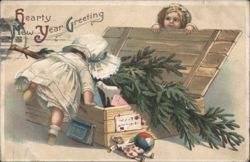 Hearty New Year Greeting: Girls with Evergreen and Toys Postcard