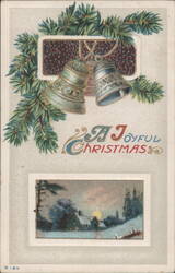 A Joyful Christmas Bells & Pine Boughs with Winter Landscape Postcard