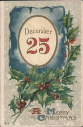 December 25 A Merry Christmas with Holly and Berries Postcard