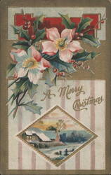 A Merry Christmas Greeting with Flowers and Winter Landscape Postcard