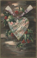 Christmas Greetings Heart with Holly and Berries, Embossed Design Postcard