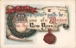 May Your Path Be One of Roses New Year's Greeting with Wreath Postcard