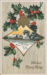 Christmas Wishes with Holly and Winter Village Scene Postcard