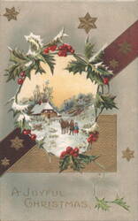A Joyful Christmas with Holly, Berries, and Winter Landscape Postcard