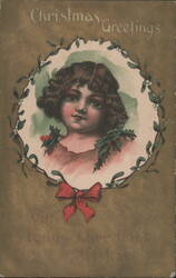 Christmas Greetings Young Girl in Holly Wreath Postcard