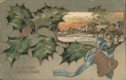 A Merry Christmas Holly, Bell, and Snowy Village Scene Postcard