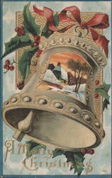 A Merry Christmas Bell with Winter Village Scene and Holly Postcard