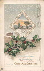 Christmas Greeting with Holly and Snowy Village Scene Postcard