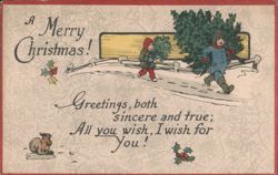 Merry Christmas Children Carrying Evergreen Trees in Snow Postcard