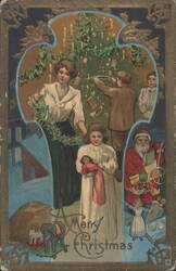 Family Decorating Christmas Tree with Santa Claus and Children Postcard