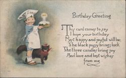 Child Chef with Birthday Cake and Black Cat Birthday Greeting Postcard