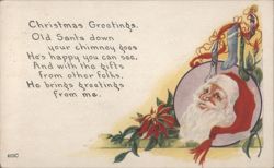 Christmas Greetings Poem with Santa Claus, Poinsettia & Stockings Postcard