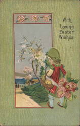 Girl with Chicks in Basket, With Loving Easter Wishes, 1917 Postcard
