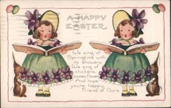 Happy Easter Girls Singing with Bunnies and Flowers Postcard
