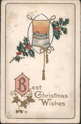 Best Christmas Wishes, Winter Village Scene with Holly and Berries Postcard