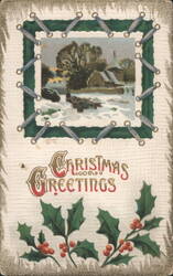 Christmas Greetings with Winter Village Scene and Holly Postcard