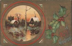 Winter Scene with Snow-Covered Houses, Holly, Merry Christmas Greeting Postcard
