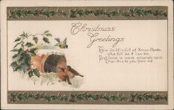 Christmas Greetings with Birds, Holly, and Birdhouse Postcard