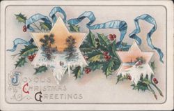 Joyous Christmas Greetings with Holly, Berries, Blue Ribbon, Winter Star Scenes Postcard