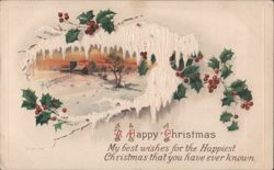 Happy Christmas Greeting from Santa Claus with Snowy Church Scene Postcard