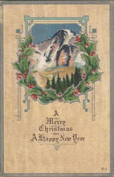 Merry Christmas & Happy New Year Mountain Scene with Holly Wreath Postcard