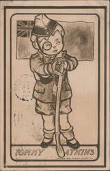 Tommy Atkins Boy in Military Uniform with British Flag Postcard