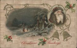 Santa Claus, Snowy Village Scene, Christmas Bells and Holly Postcard