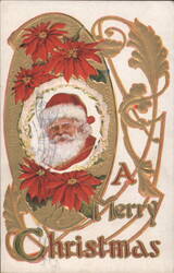 Santa Claus with Poinsettias, A Merry Christmas Greeting Postcard