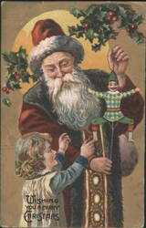 Santa Claus with Child & Toy Soldier, Wishing You a Merry Christmas Postcard