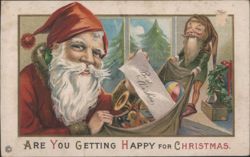 Santa Claus and Elf with Bag of Toys, Best Wishes Christmas Greeting Postcard