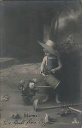 Child in Straw Hat Watering Roses with Gardening Tools Postcard