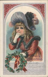 Merry Christmas Girl in Blue Hat and Red Fur Coat Postcard