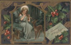Angel Playing Flute with Deer in Snowy Forest, A Peaceful Christmas Postcard