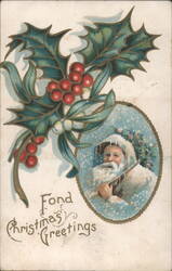 Christmas Greetings with Santa Claus and Embossed Holly Postcard