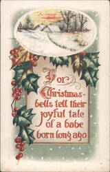 Christmas Greeting with Holly, Berries, Winter Scene, 1909 Postcard