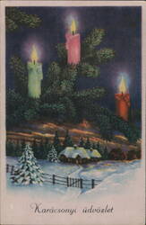 Christmas Candles, Snowy Village, Karácsonyi üdvözlet Postcard
